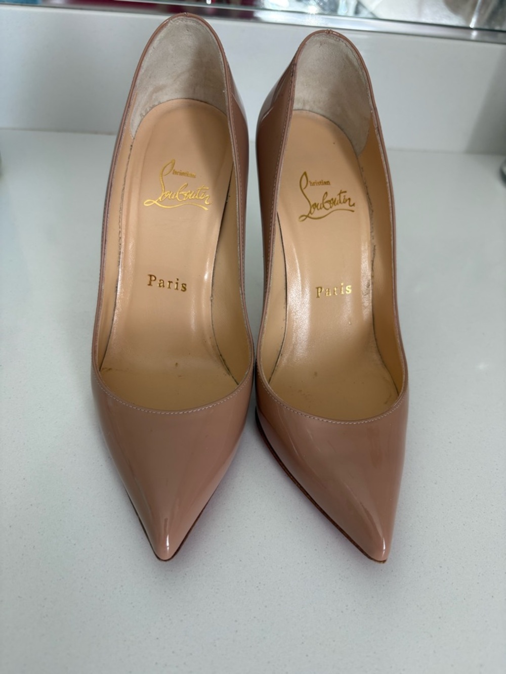 Christian Louboutin Patent Nude Pointed-Toe Pumps